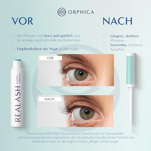 ORPHICA Realash Wimpernserum 3ml – Sichtbar längere Wimpern in 2 Wochen, Dermatologisch geprüft, Hyaluronsäure & Calendu