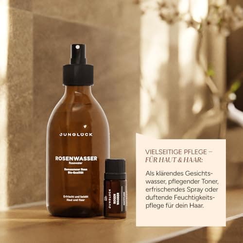 JUNGLÜCK 100% BIO Rosenwasser Spray für Gesicht und Körper - Vegan - 250ml | Rein natürliches Gesichtswasser klärt poren