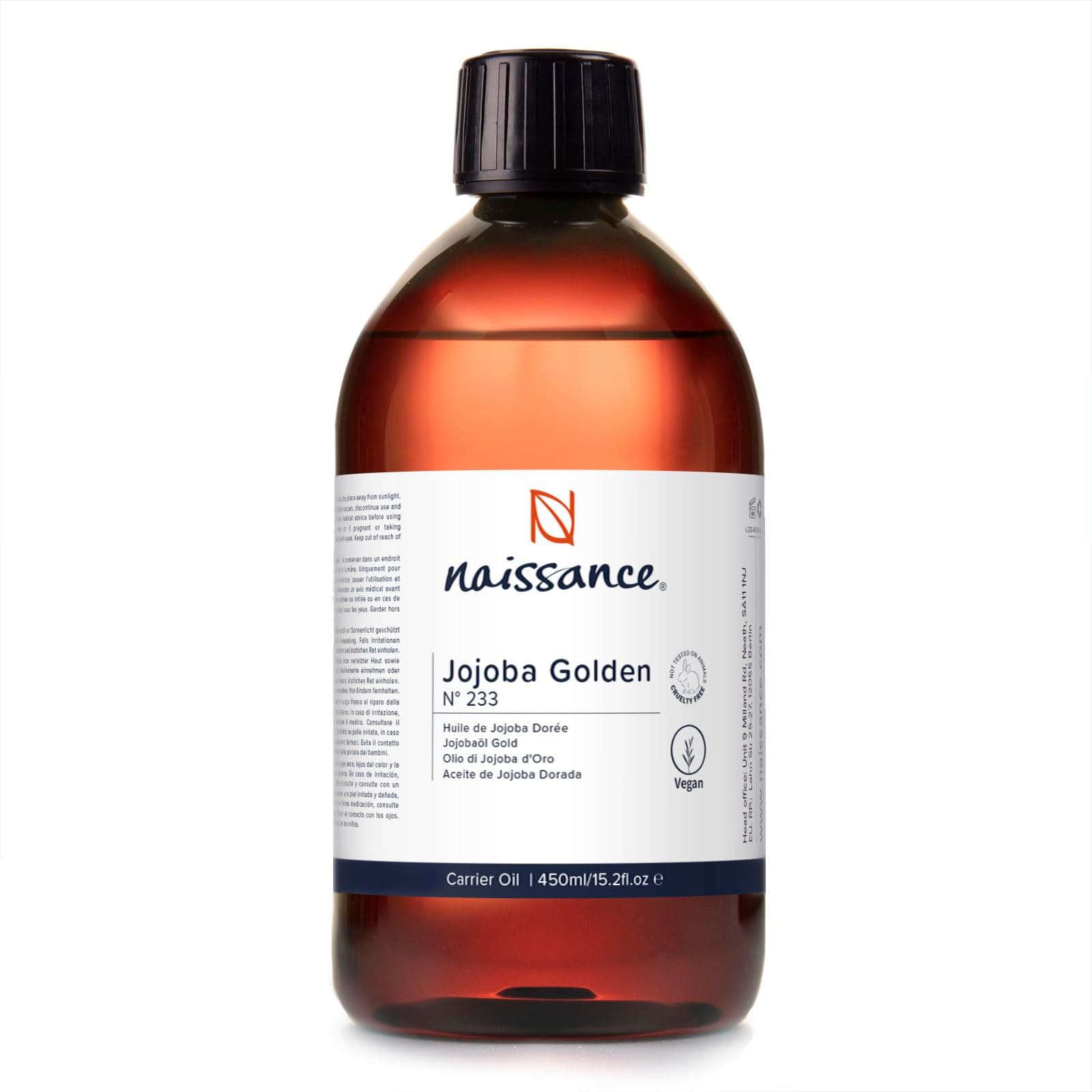 Naissance Jojobaöl Gold - Für Haare und Haut - Kaltgepresst - 450ml - Massage und Kosmetik - Compact by Design
