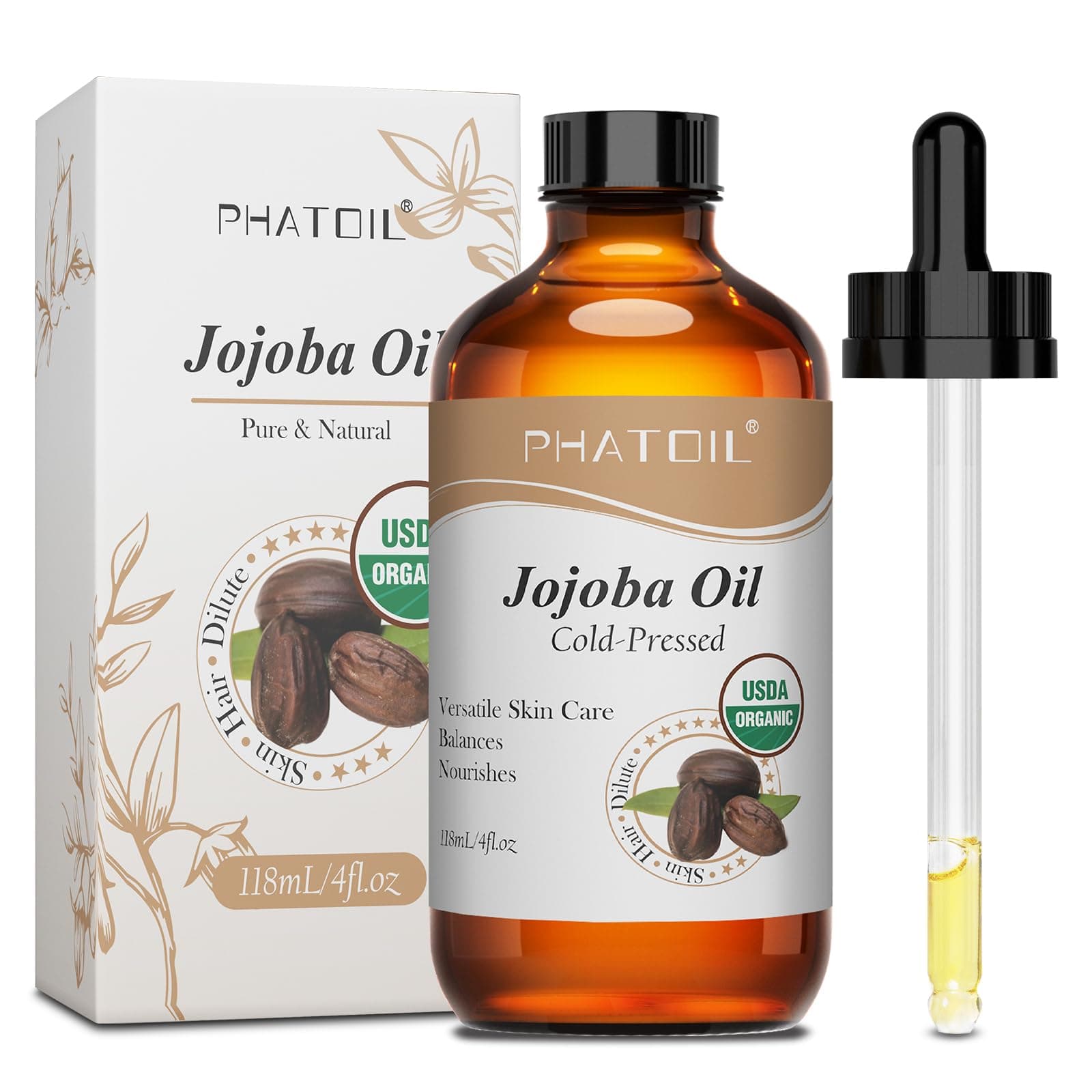 PHATOIL Bio-Kalte Druck Jojobaöl 118ML, USDA Organic Feuchtigkeitspflege für Haut und Haare, Hexanfrei,Vegan, Gesichtsöl
