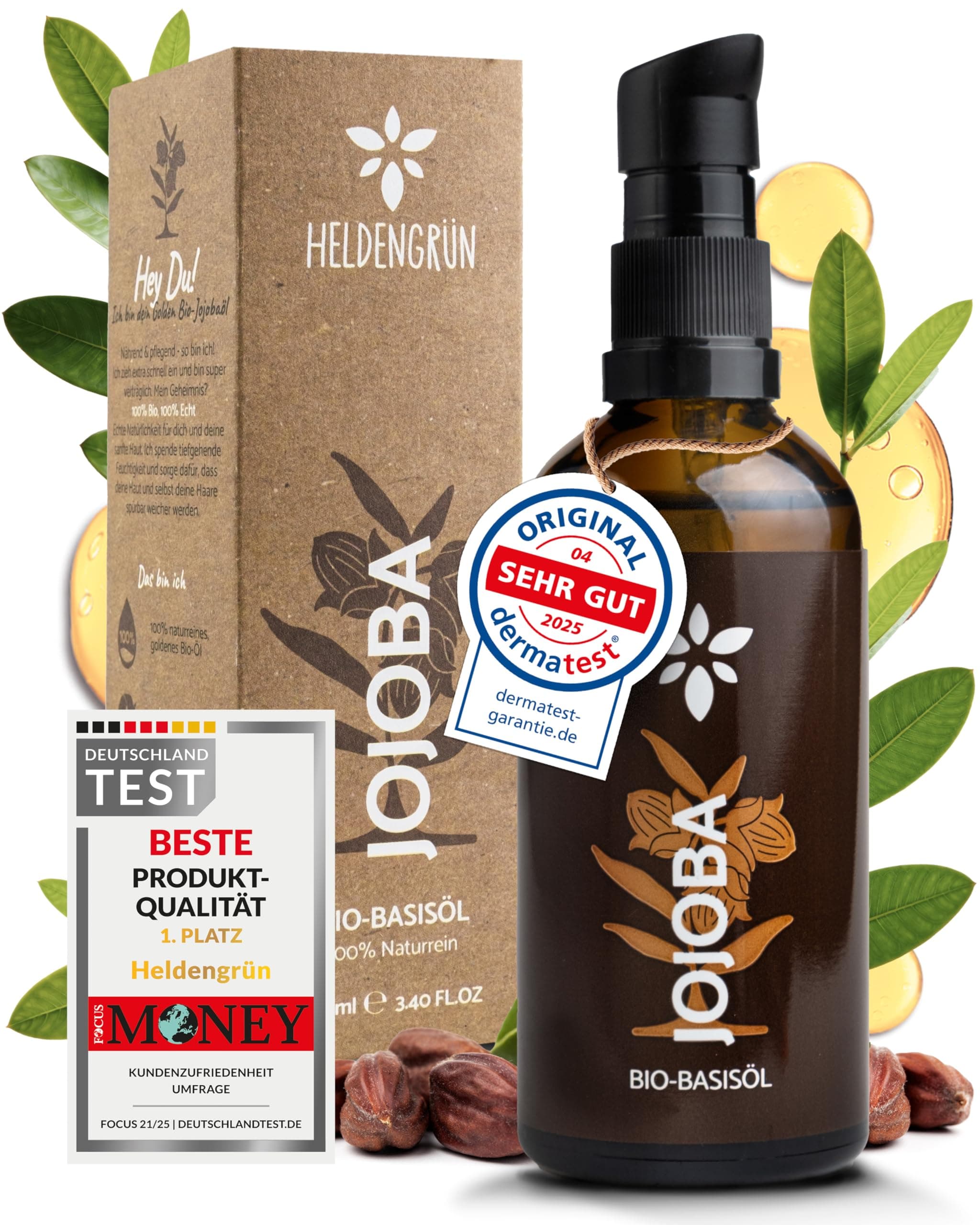 Heldengrün® BIO Jojobaöl - Sanftes Gesichtsöl & Haarepflege - Kosmetik für Gesicht, Haut & Haare COSMOS Organic von Ecoc